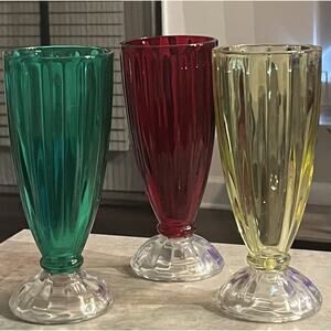 Classic Ice cream soda/float ribbed glasses in Red/Yellow/Green Vintage Set of 3